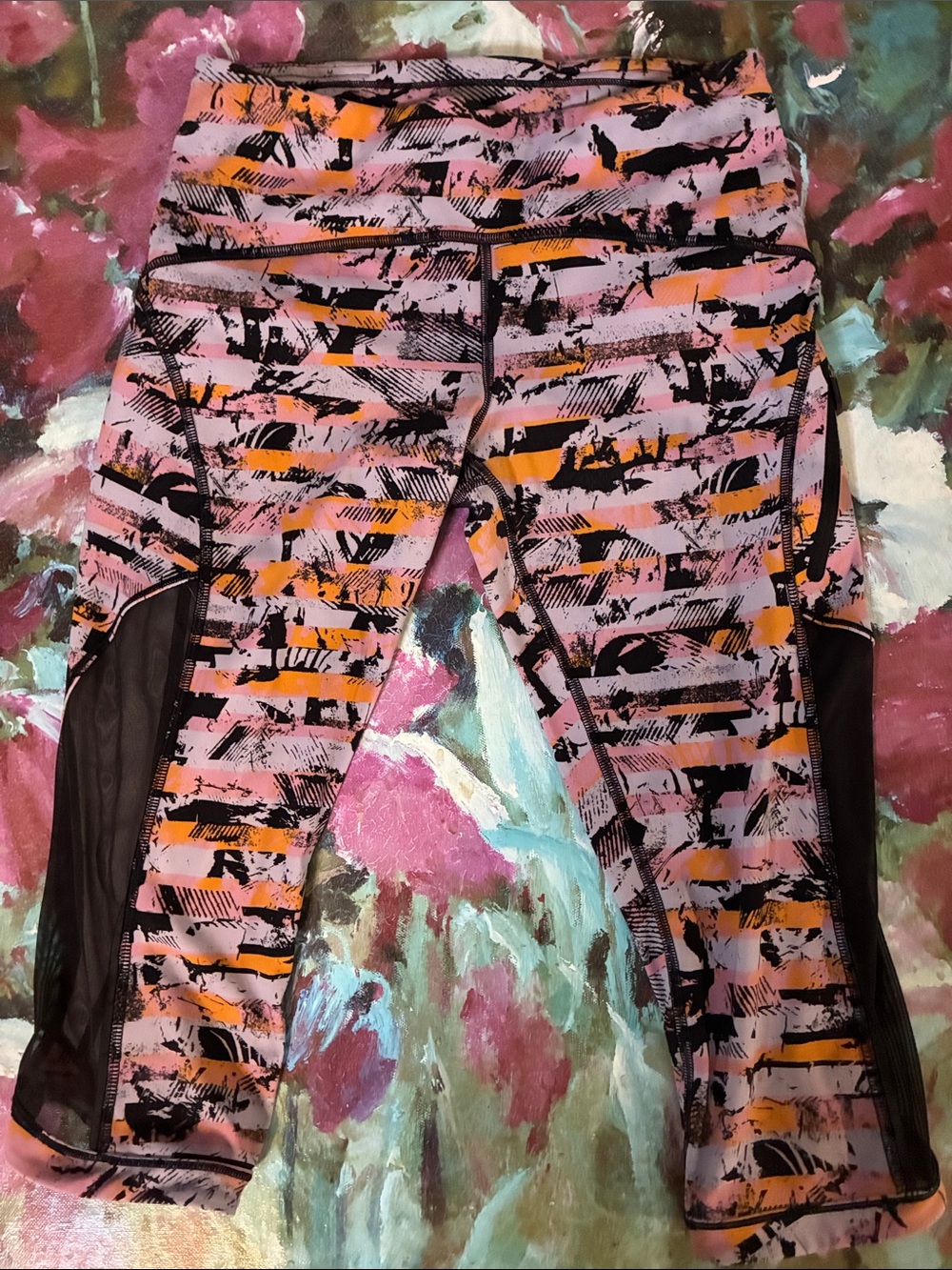 lululemon athletica Pink & Orange Abstract Capri Leggings with Black Mesh Panels